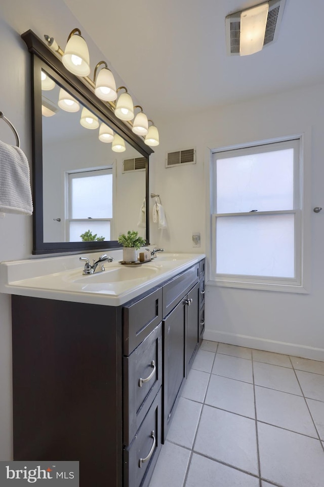 full bathroom with a wealth of natural light, tile patterned flooring, a sink, and visible vents