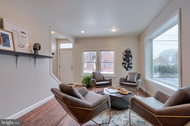 living room with recessed lighting, baseboards, and wood finished floors