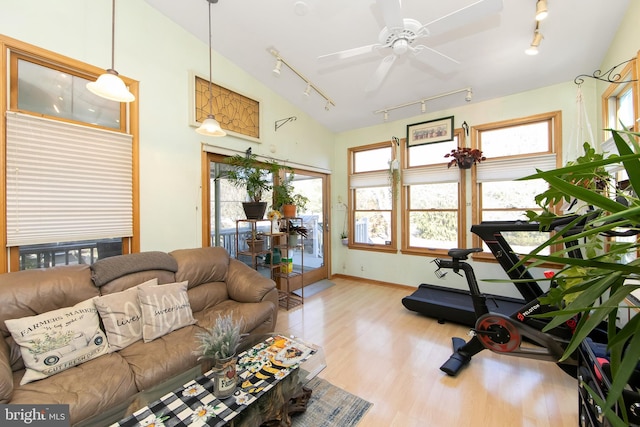 interior space featuring ceiling fan, baseboards, vaulted ceiling, light wood-type flooring, and rail lighting