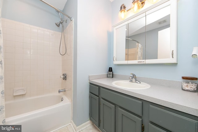 full bath featuring visible vents, shower / tub combo, and vanity