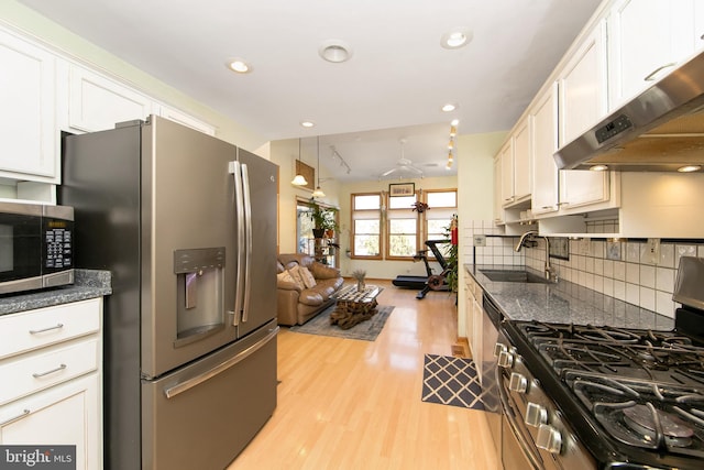 kitchen with light wood finished floors, decorative backsplash, appliances with stainless steel finishes, a sink, and under cabinet range hood