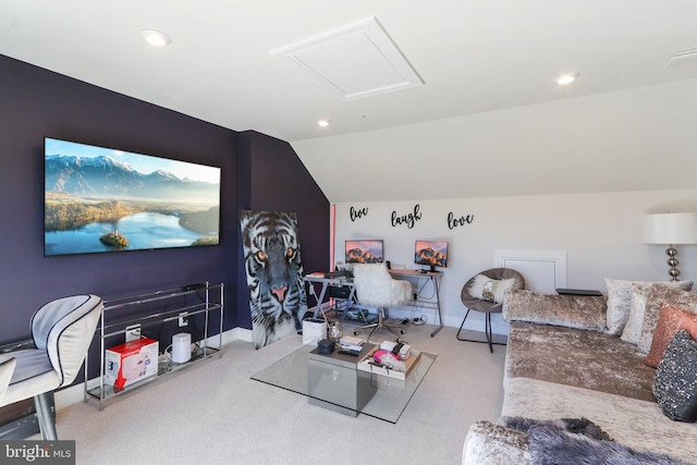 living room featuring vaulted ceiling, baseboards, carpet flooring, and recessed lighting