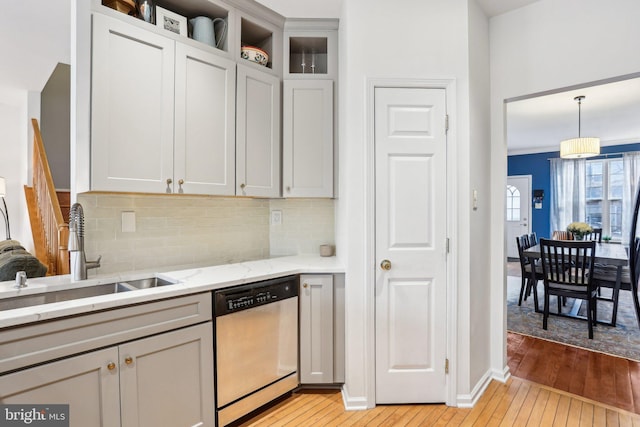 kitchen featuring light stone counters, backsplash, light wood-style floors, a sink, and dishwasher