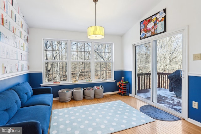 interior space with lofted ceiling, plenty of natural light, hardwood / wood-style flooring, and baseboards