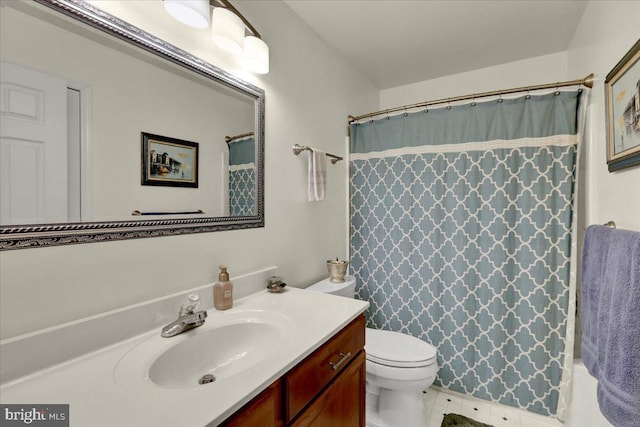 bathroom featuring vanity, toilet, and shower / bathtub combination with curtain