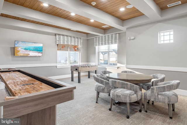 rec room featuring wooden ceiling, baseboards, visible vents, and beamed ceiling