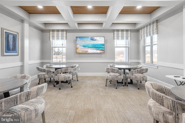 playroom with beamed ceiling, wooden ceiling, coffered ceiling, and baseboards