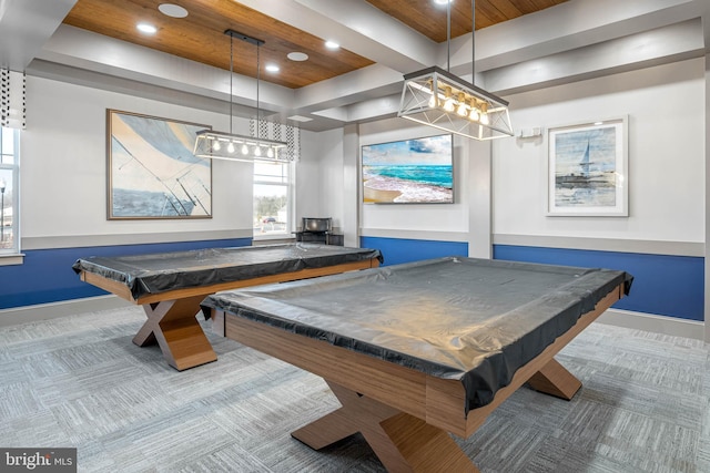 recreation room with wooden ceiling, carpet, and pool table