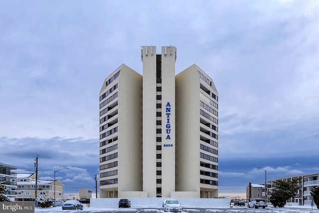 view of snow covered building