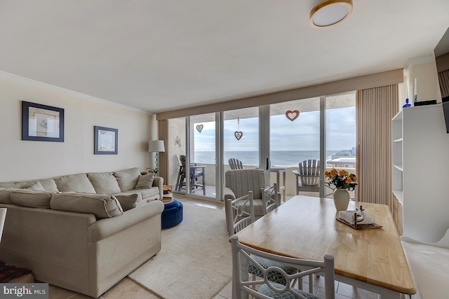 living room featuring plenty of natural light, a water view, light carpet, and crown molding