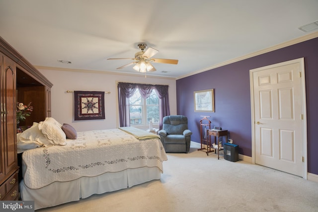 bedroom with baseboards, carpet, visible vents, and crown molding