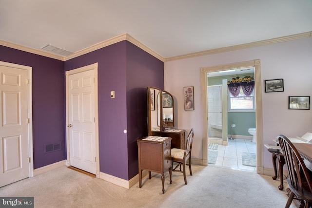 hall featuring ornamental molding, light carpet, visible vents, and baseboards