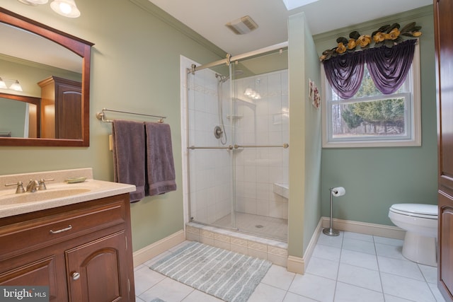 bathroom featuring tile patterned flooring, a shower stall, toilet, and vanity