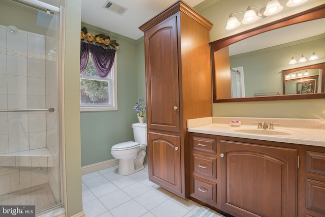 bathroom with toilet, visible vents, ornamental molding, a tile shower, and tile patterned floors