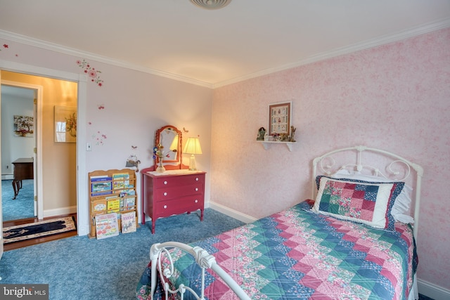 bedroom featuring ornamental molding, carpet, baseboards, and a baseboard radiator