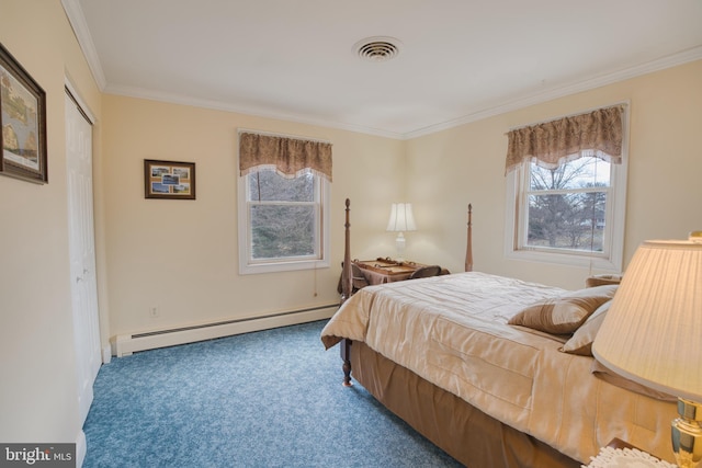 carpeted bedroom featuring a baseboard heating unit, visible vents, and crown molding