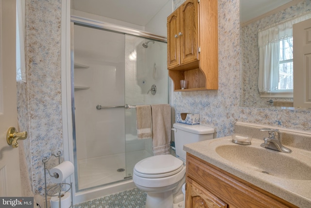 bathroom featuring a stall shower, vanity, toilet, and wallpapered walls