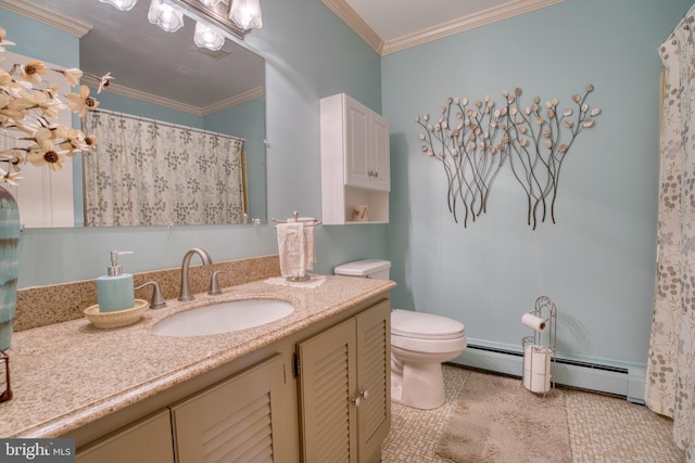 full bathroom featuring toilet, curtained shower, crown molding, vanity, and a baseboard heating unit