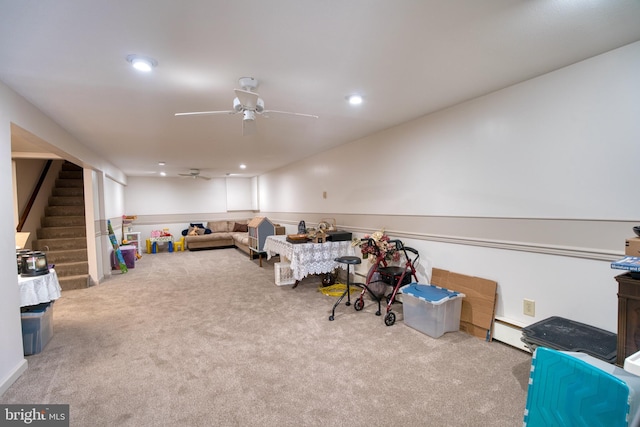 recreation room featuring carpet, a baseboard radiator, ceiling fan, and recessed lighting