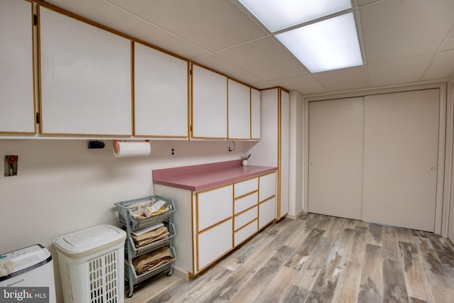 finished basement featuring light wood finished floors and a paneled ceiling