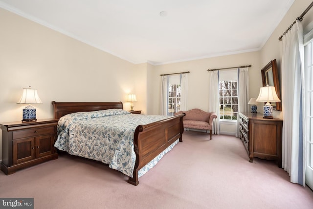 bedroom with light carpet and ornamental molding