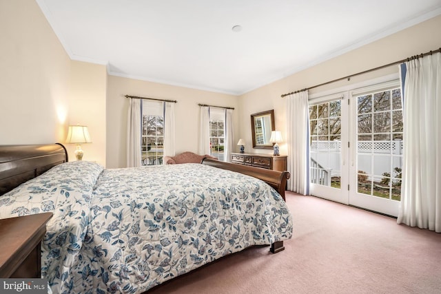 bedroom with carpet, access to outside, multiple windows, and crown molding