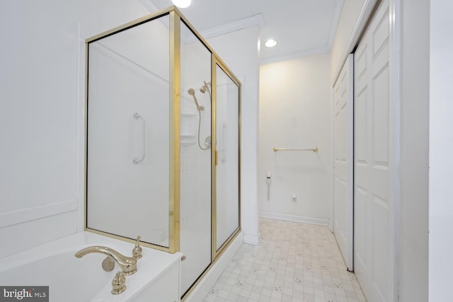 full bathroom featuring a stall shower, a garden tub, crown molding, and tile patterned floors