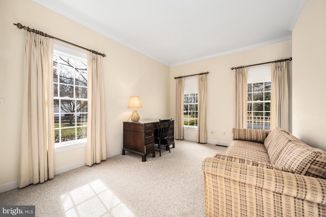 office featuring carpet floors, plenty of natural light, crown molding, and baseboards