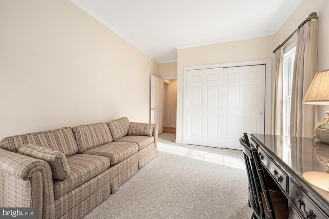 living area with light carpet and ornamental molding