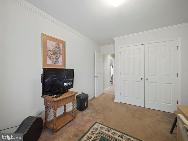 living area featuring carpet, ornamental molding, and baseboards