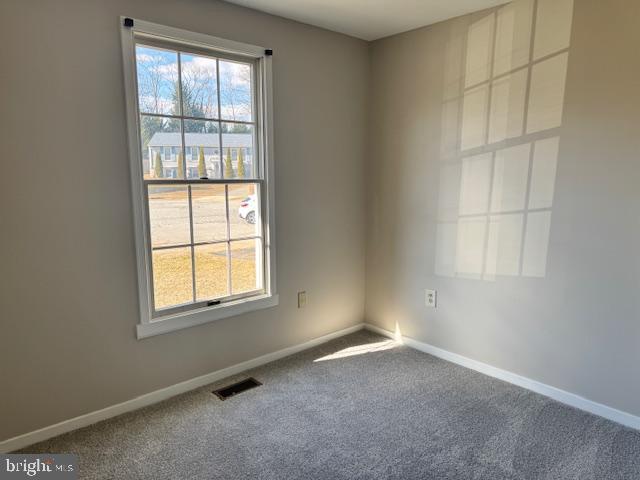 empty room with baseboards, plenty of natural light, visible vents, and carpet flooring