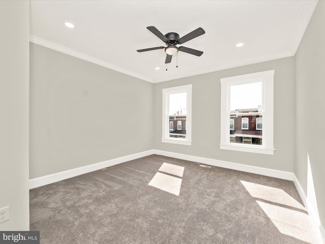 unfurnished room featuring carpet flooring, recessed lighting, baseboards, and ornamental molding