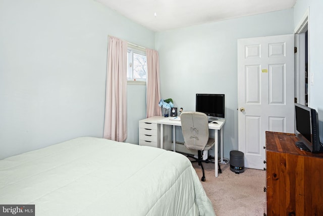 bedroom featuring light carpet