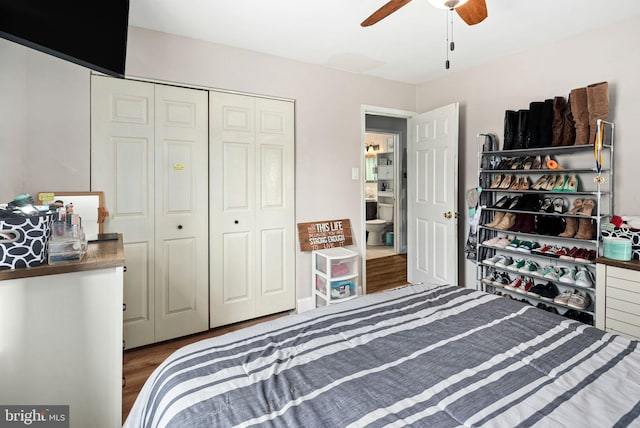 bedroom featuring a closet, ceiling fan, and wood finished floors