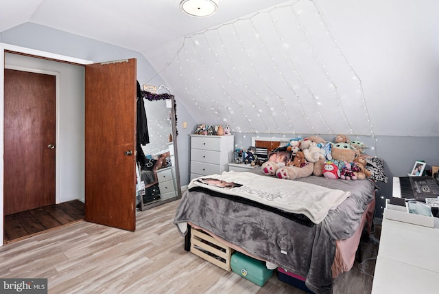 bedroom with lofted ceiling and light wood-type flooring