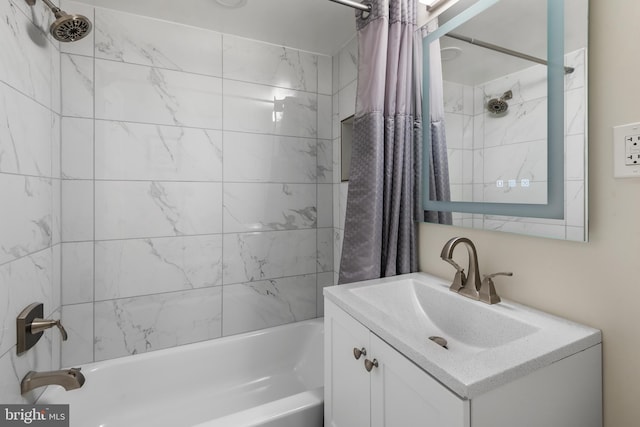 bathroom featuring shower / bath combination with curtain and vanity