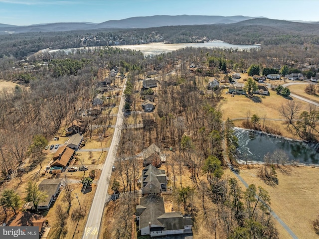 birds eye view of property with a water and mountain view