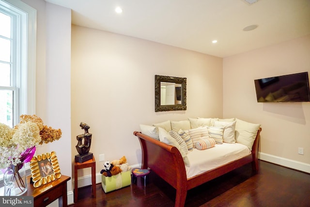 bedroom featuring recessed lighting, multiple windows, wood finished floors, and baseboards