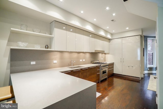 kitchen with a peninsula, high end stainless steel range oven, dark wood-style floors, modern cabinets, and a sink