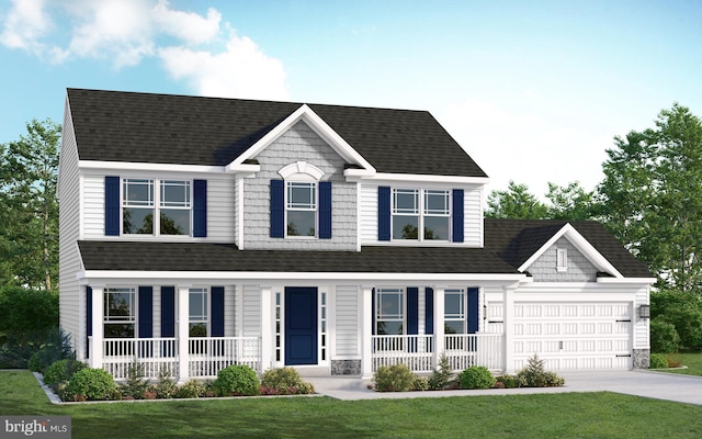 view of front facade with a garage, driveway, a front lawn, and roof with shingles