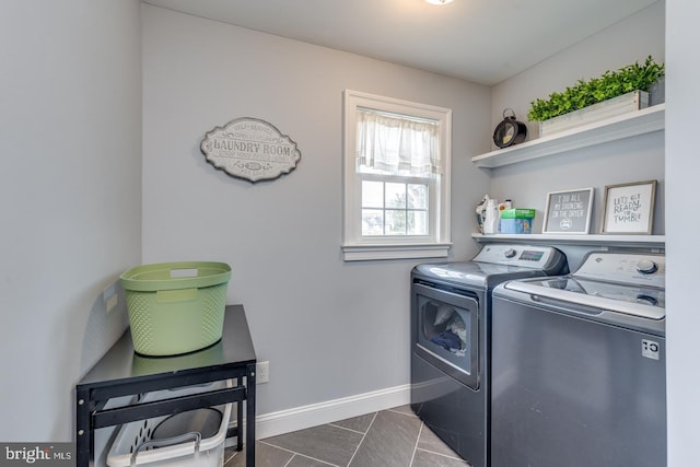 clothes washing area with laundry area, washing machine and dryer, and baseboards