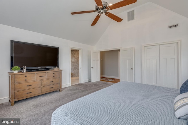 bedroom featuring high vaulted ceiling, visible vents, a ceiling fan, and light colored carpet