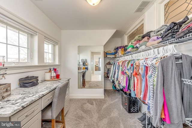 spacious closet with built in desk, visible vents, and light carpet