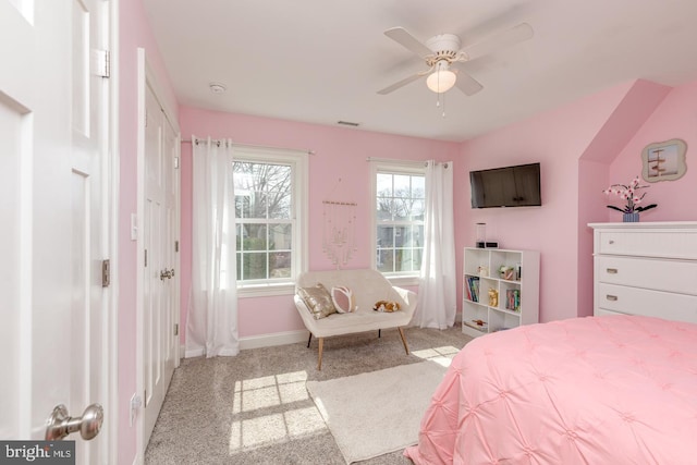 bedroom with carpet, a ceiling fan, and baseboards