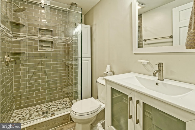 bathroom with vanity, a shower stall, and toilet