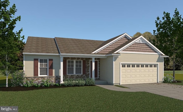 view of front of house featuring an attached garage, stone siding, a front lawn, and concrete driveway