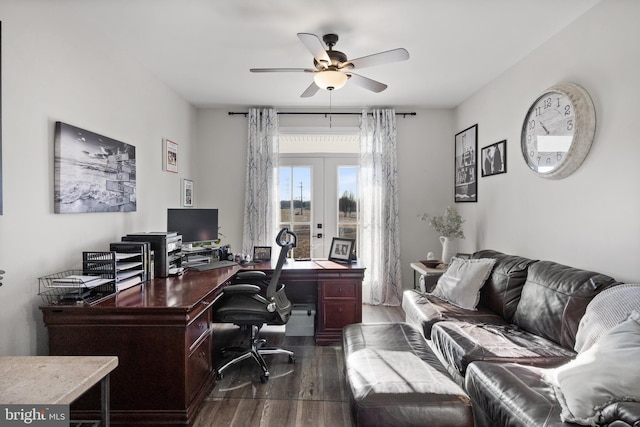 office space with a ceiling fan, french doors, and dark wood finished floors