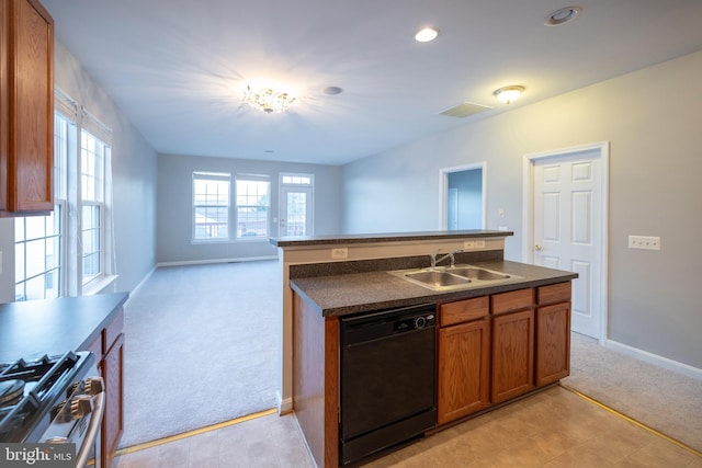 kitchen with dark countertops, light colored carpet, a sink, gas range, and dishwasher