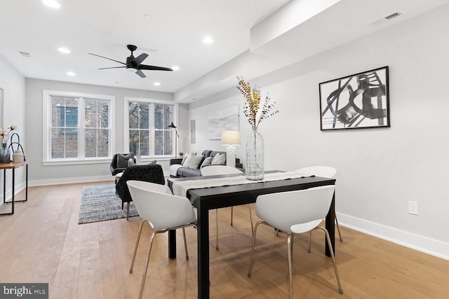 dining area featuring recessed lighting, visible vents, baseboards, and wood finished floors