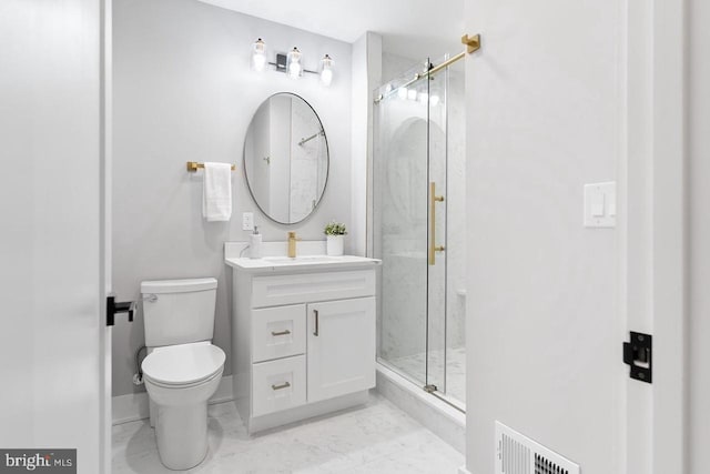 full bath featuring marble finish floor, visible vents, toilet, vanity, and a shower stall